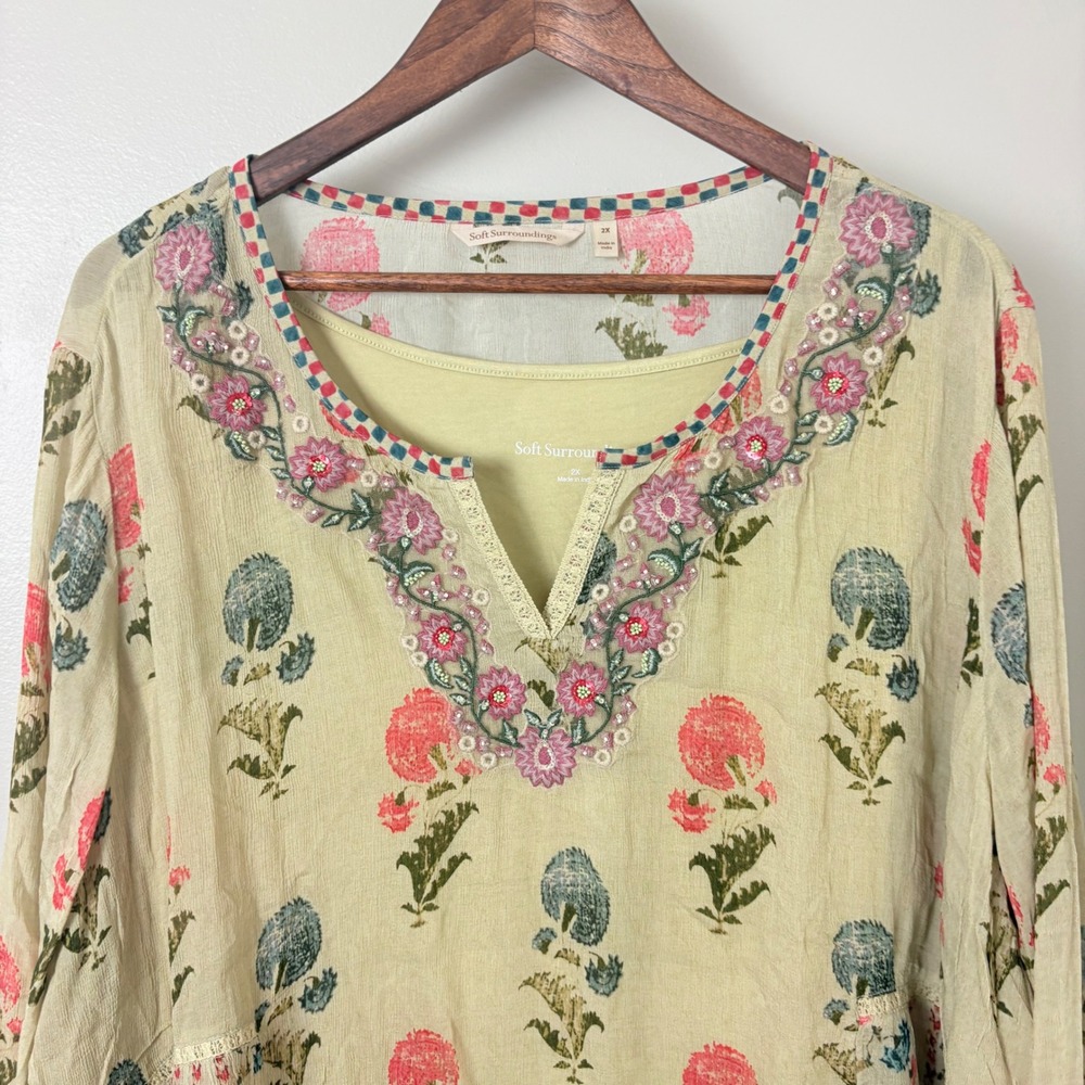Soft Surroundings Tunic Top Womens 2X Yellow Floral Embroidered Boho Chiffon - Picture 2 of 13